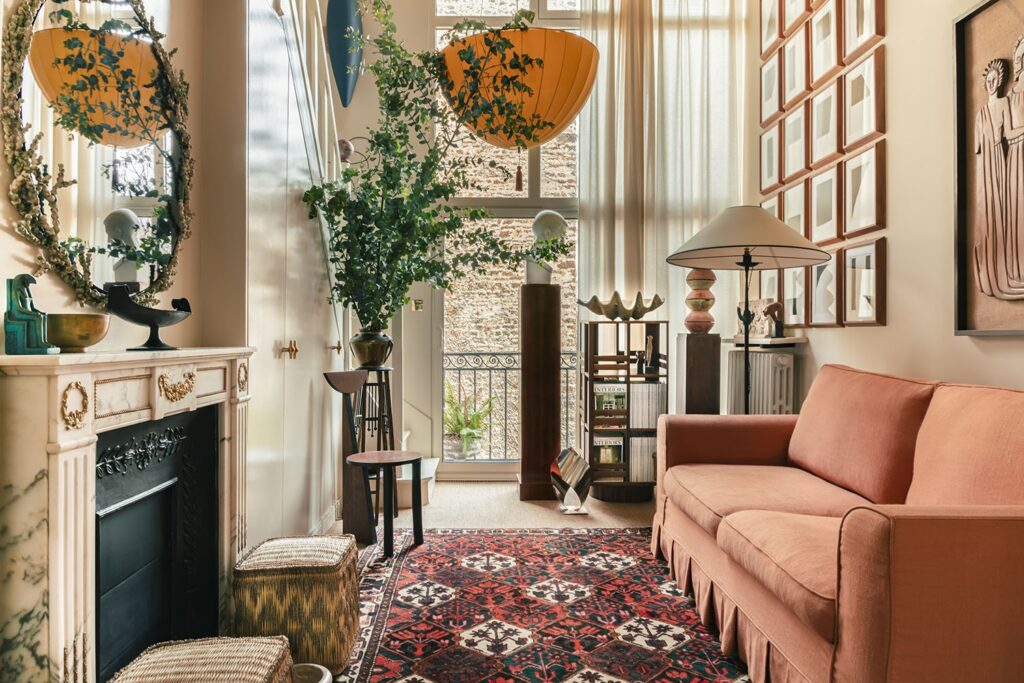 Living room with big windows and old-fashioned Parisian style