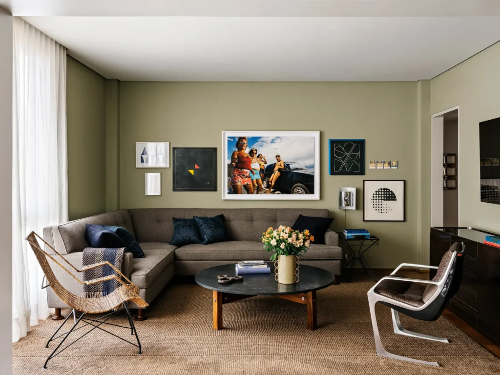 Modernist Apartment with an open space living room and with a custom Brazilian-made sectional sofa