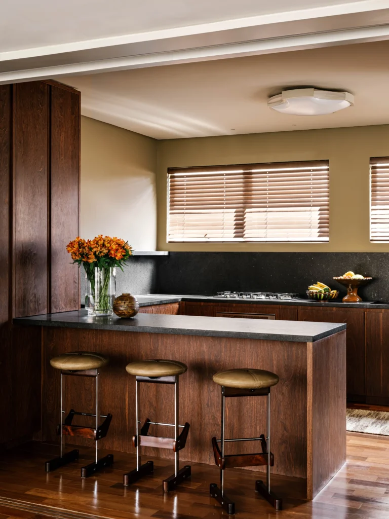 Modernist apartment with an open space wooded kitchen