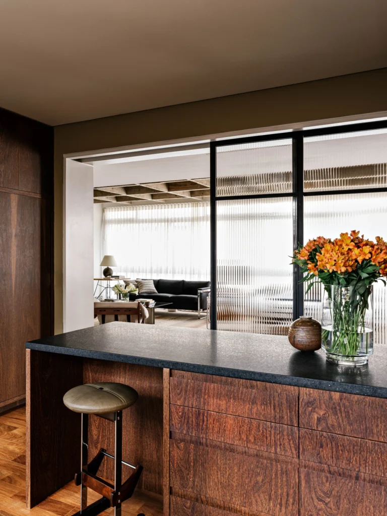 Modernist apartment with an open space wooded kitchen