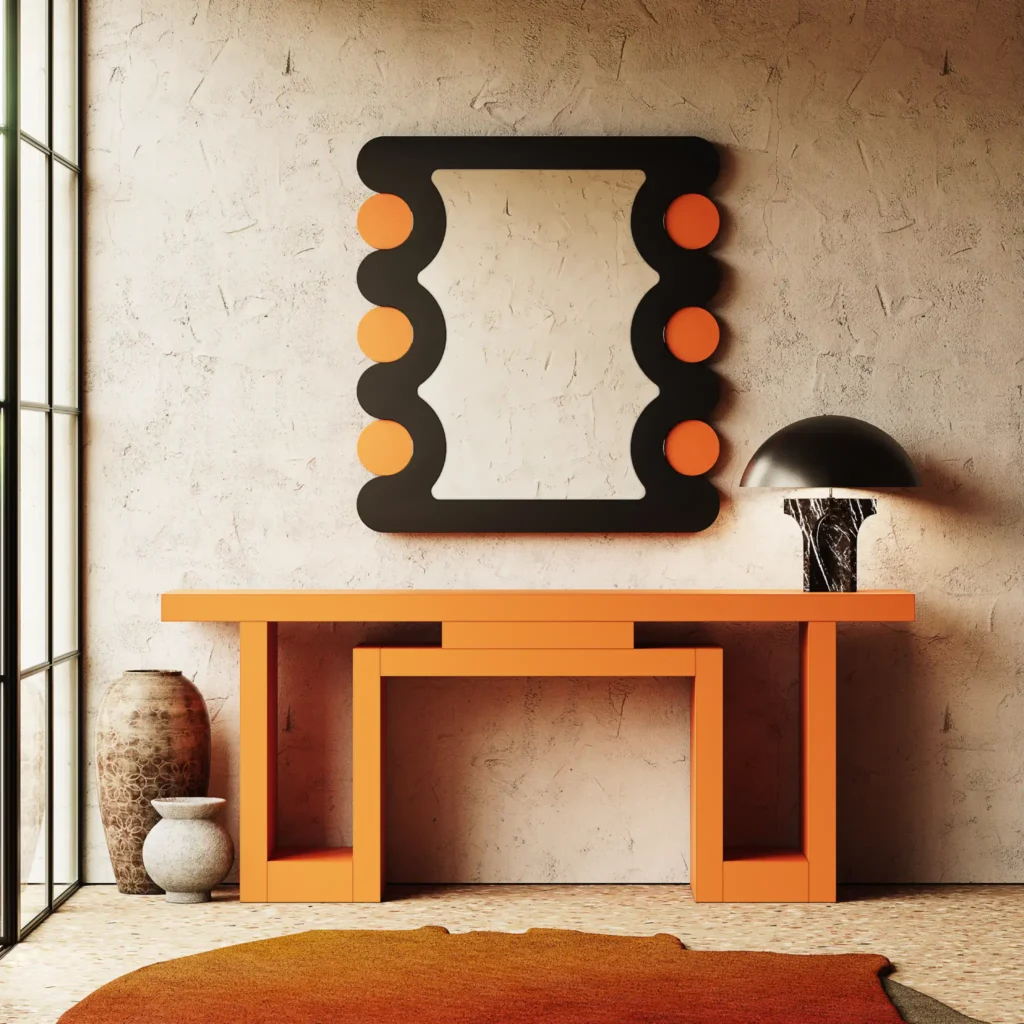 maximalist interior design entryway with a black and orange mirror and with a orange console