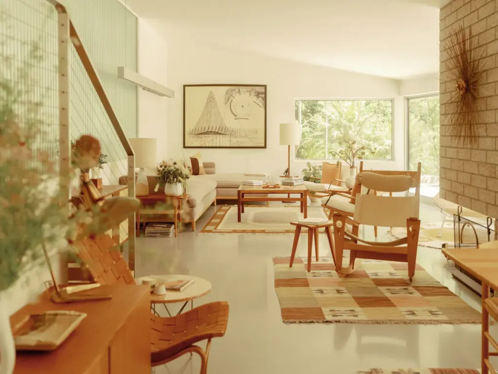 Mid-Century Modern house with clean cream walls and with concrete floors and with a wooden staircase and with a wooden chairs and with geometric rugs and with a large cream sofa and with a wood center table