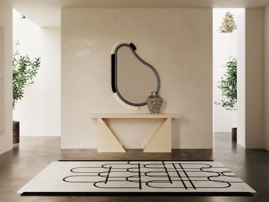 Raw Aesthetics in a entryway with concrete walls and with concrete floors and with an abstract mirror and with a micro-cement sideboard and with a textured rug