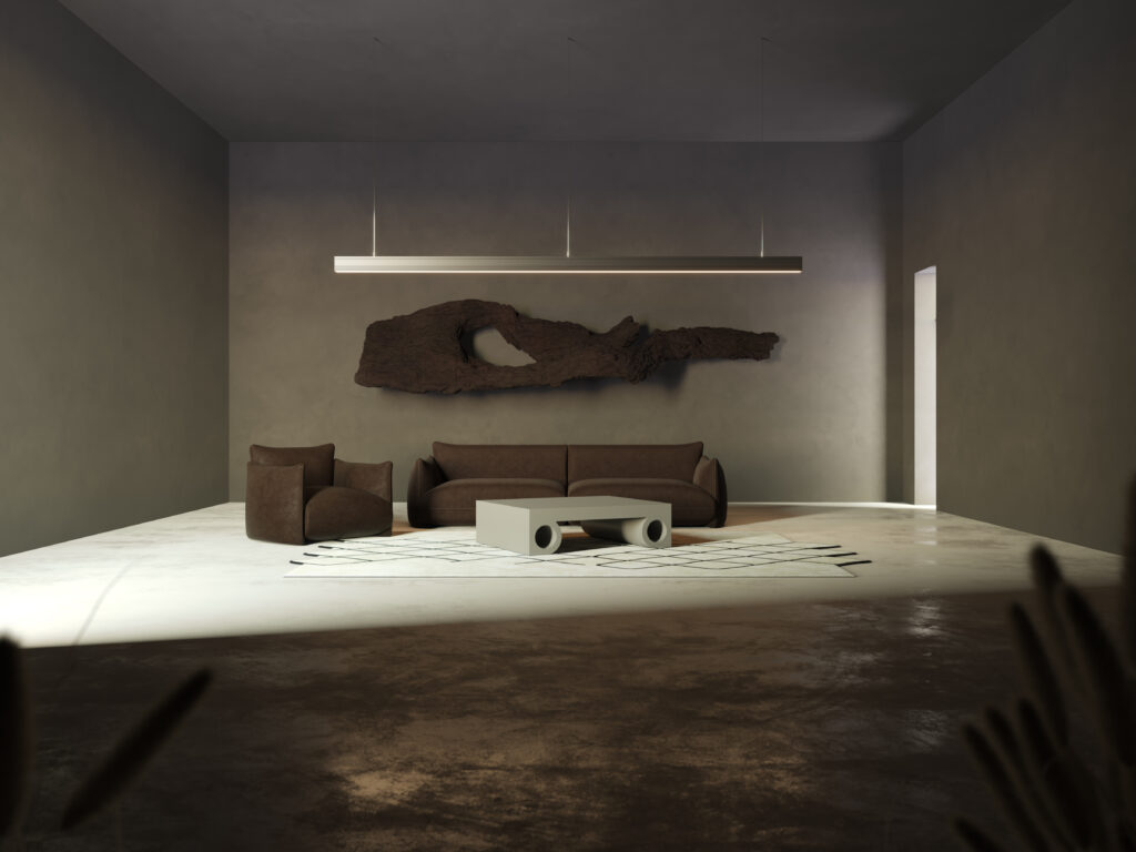 Raw Aesthetics in a living room with concrete walls and floors and with a brown velvet sofa and with a brown velvet armchair and with a wood center table