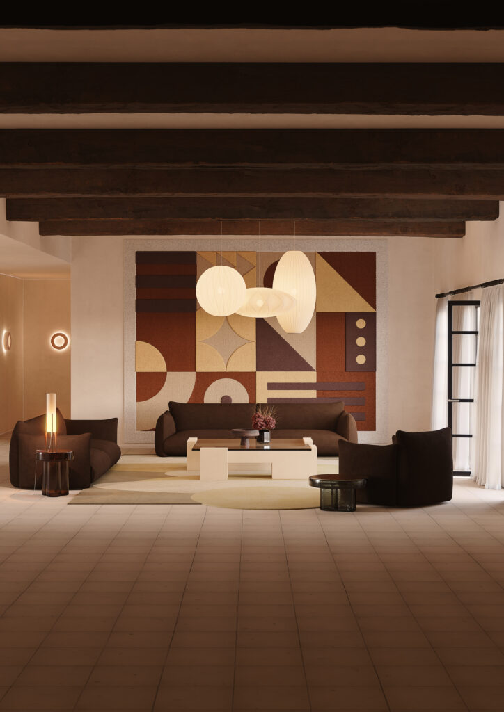 Raw Aesthetics in a living room with cream walls and with exposed beams on the ceiling and with a brown velvet sofa and with brown velvet armchairs and with a micro-cement center table