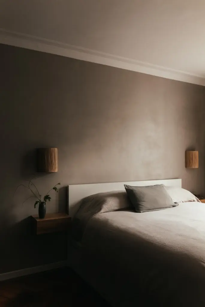 small apartment decor bedroom with dark beige walls and with a large bed and with linen bedding