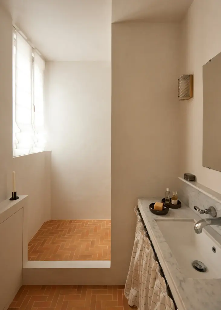 French interior design home bathroom with cream walls and with terracotta tiles