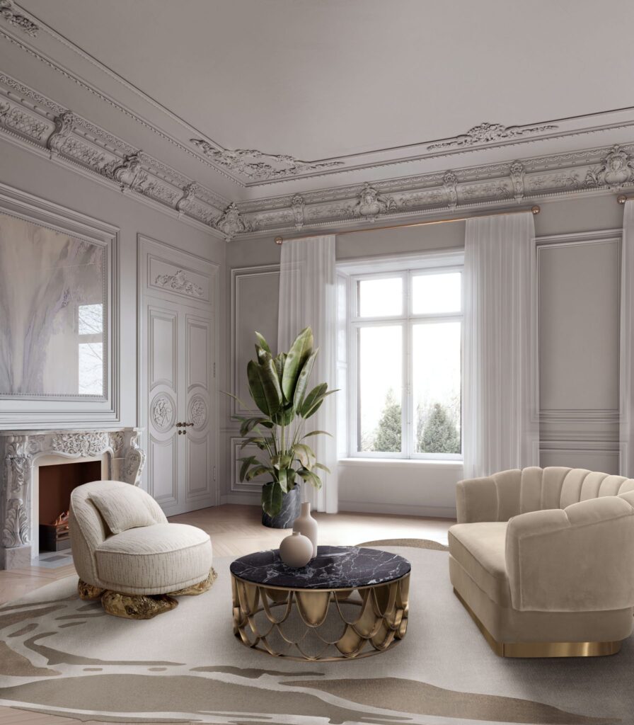 A swirling patterned area rug anchors a classic living room with ornate details, plush seating, and a marble fireplace. Elegant and refined space.