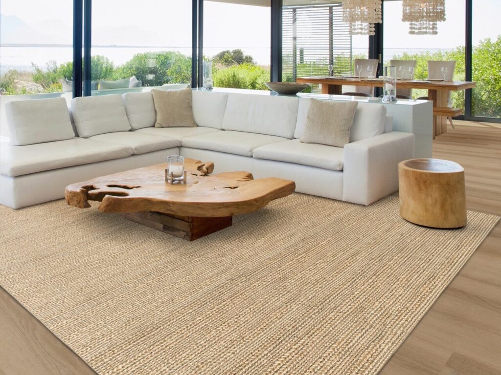 Beige area rug grounds a bright, airy living space with modern furniture and stunning ocean views.