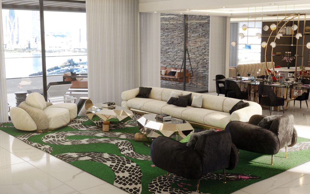 A bold green area rug with a snake-like pattern anchors a modern living space with plush seating and city views. Open dining area in back.