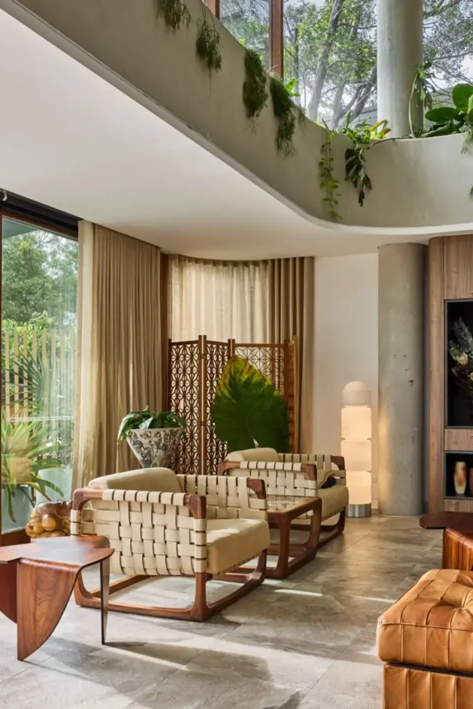 Jamie Durie’s Northern Beaches Home: A Showcase of Biophilic Architecture , spacious living space, with large windows and natural light, unique furniture