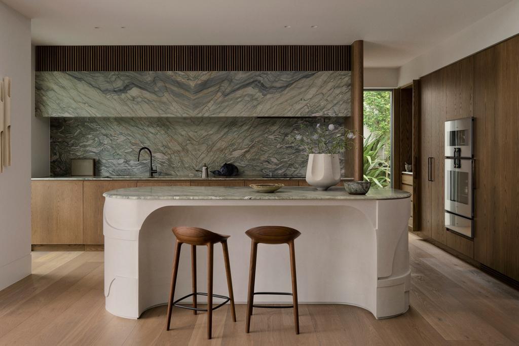 Coastal Home Decor Ideas Inspired by a Cliffside Sydney Residence, kitchen with handmade wooden stools, marble countertop